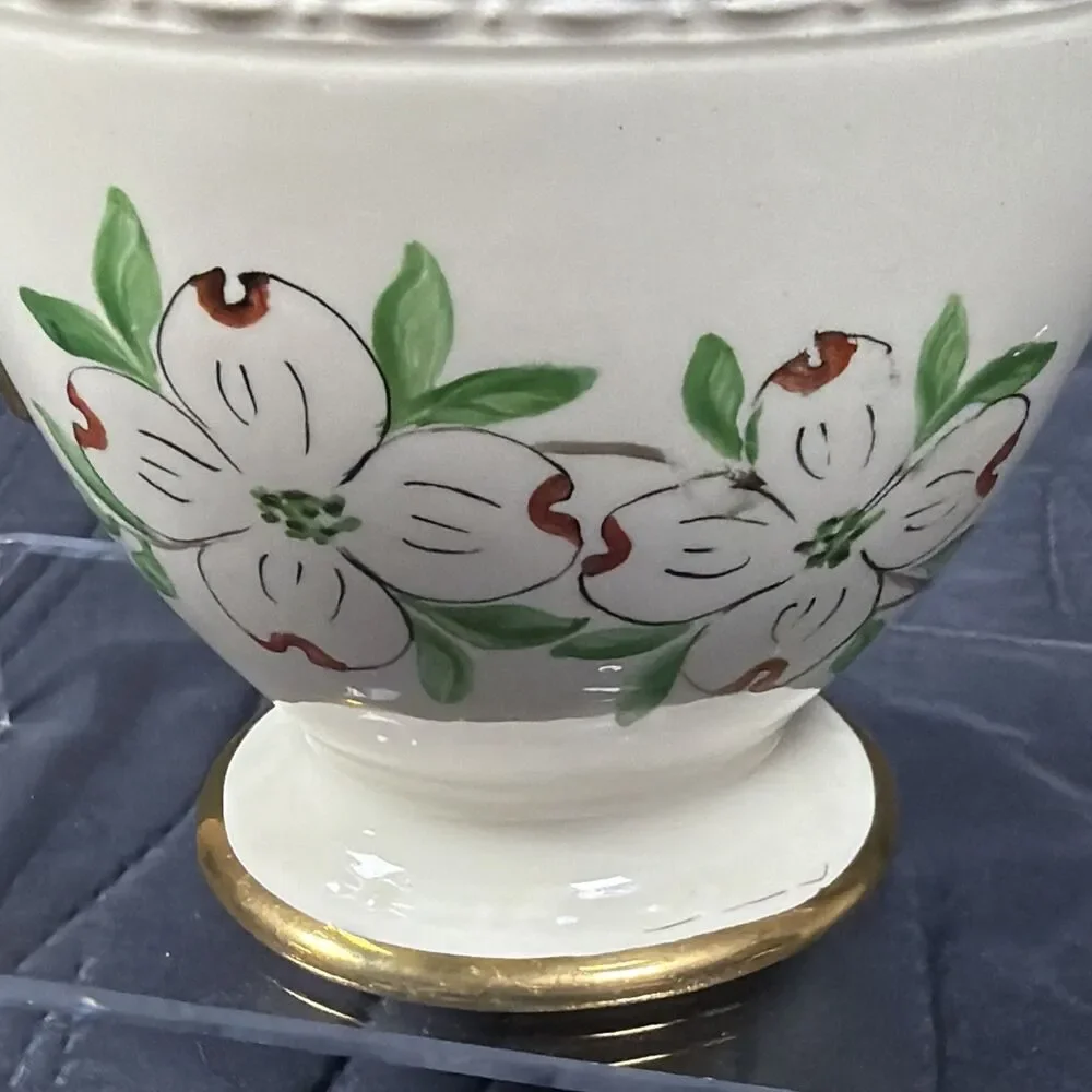 Vintage Porcelain Covered Sugar Bowl Dogwood Flowers Gold Trim Handles Lid